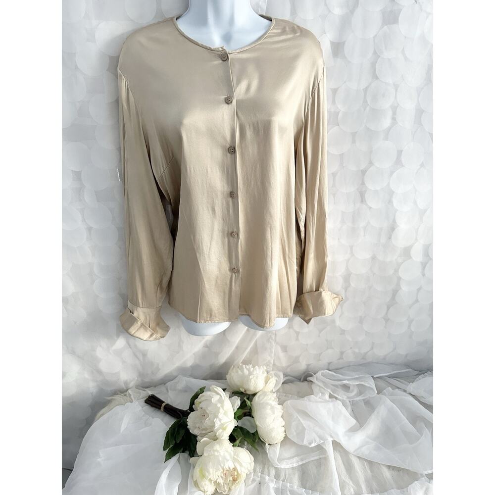 Anne Klein Beige Satin Button-Front Blouse